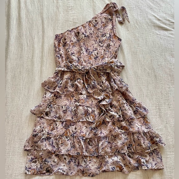 BTFBM One Shoulder Casual Floral Boho High Ruffle Tiered A Line Flowy Mini Dress - Picture 7 of 9